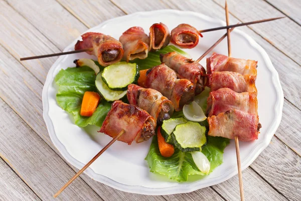 Foie Poulet Enveloppé Avec Des Brochettes Bacon Kebabs Foie Grillés — Photo