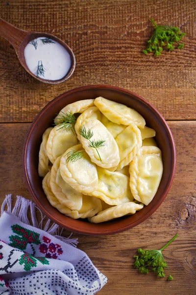 Dumplings Filled Cheese Vegetarian Dish Varenyky Vareniki Pierogi Pyrohy Bowl — Stock Photo, Image
