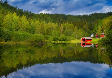 Gökyüzü, yeşil orman içinde canlı renkler ile manzara ve sakin sakin yansımalar su, doğada güzellik