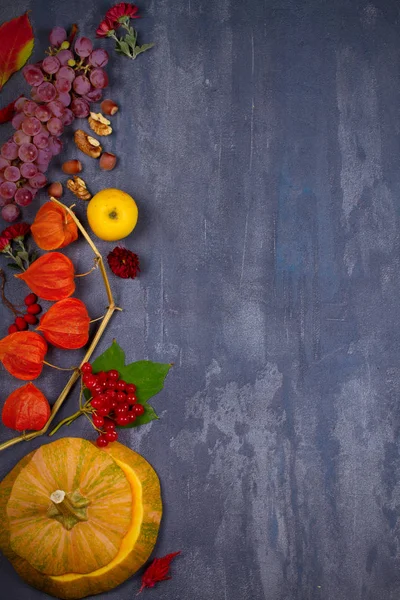 Осенний Фон Фрукты Овощи Листья Орехи Цветы Вид Сверху Сверху — стоковое фото