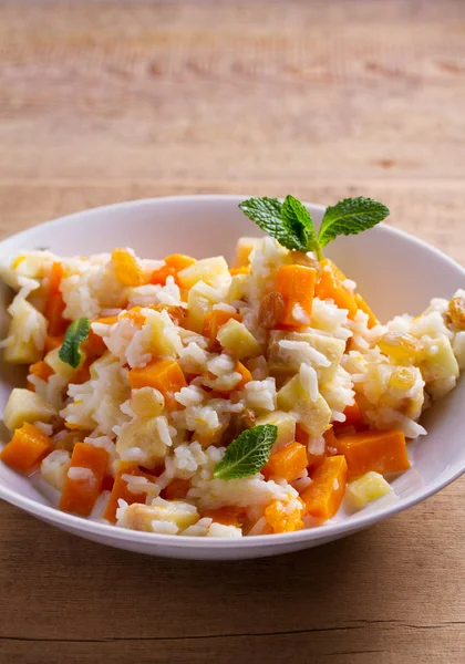 Rice Porridge Pumpkin Apples Raisins White Bowl Vegetarian Diet Dish — Stock Photo, Image