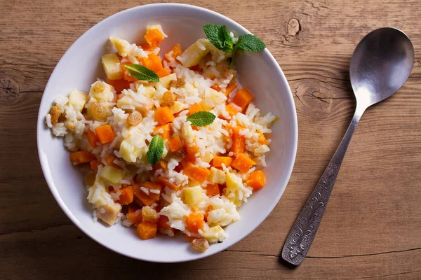 Rice Porridge Pumpkin Apples Raisins White Bowl Vegetarian Diet Dish — Stock Photo, Image