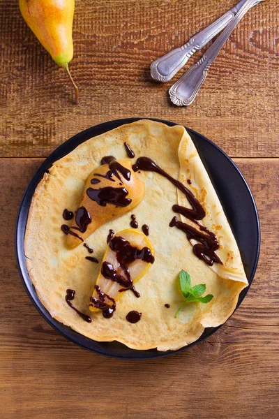 Crepes Baked Pear Chocolate Pancakes Baked Pear Chocolate View Top — Stock Photo, Image