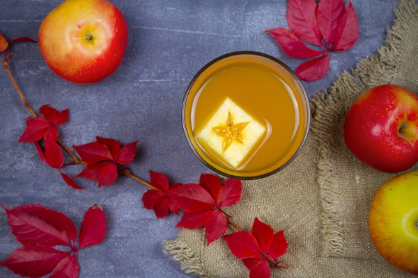 Apple Cider Fruits Grey Background Overhead Horizontal — Stock Photo, Image