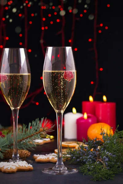 Champagne Glasses Holiday Setting Christmas New Year Celebration Champagne Christmas — Stock Photo, Image