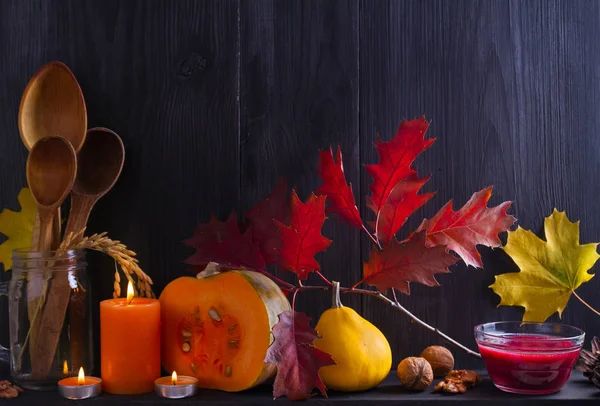 Autumn Fruits Vegetables Nuts Decorations Shelf Cranberry Sauce Wheat Harvest — Stock Photo, Image