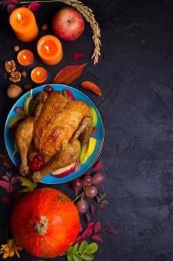 Tavuk veya hindi, kabak, meyve, buğday ve sonbahar yaprakları. Şükran günü yemeği kavramı. Hasat ya da Şükran günü geçmiş. Yukarıda görmek, en iyi stüdyo vurdu