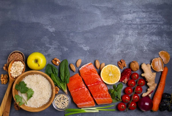 Flatlay Setting Healthy Food Fish Salmon Bowl Rice Avocado Fruits — Stock Photo, Image