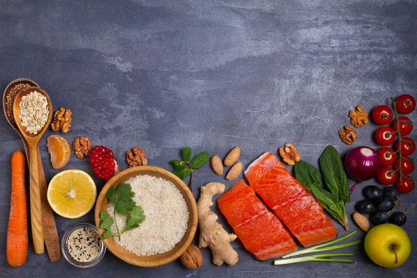 Flatlay Setting Healthy Food Fish Salmon Bowl Rice Avocado Fruits — Stock Photo, Image