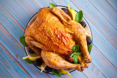 Mavi ahşap zemin üzerine yoğurt soslu tavuk. Tepegöz, yatay