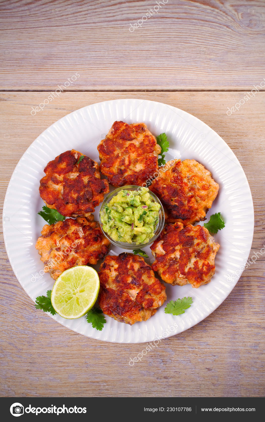 Salmon Burgers Avocado Salsa Lime Salmon Cakes Fish Patties Overhead Stock Photo C Skylinefree 230107786