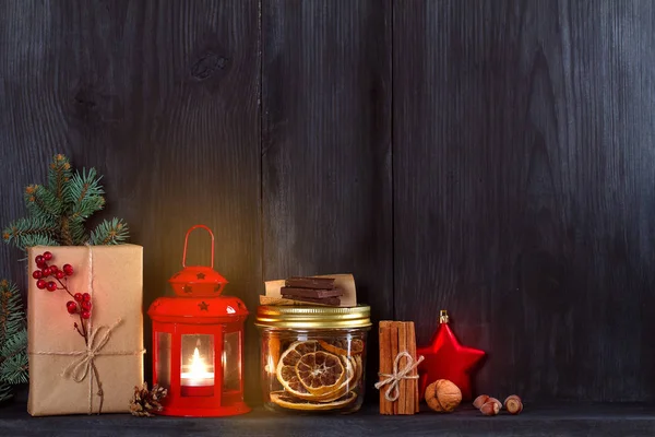 Fondo Navidad Año Nuevo Con Vela Luz Decoraciones Caja Regalo —  Fotos de Stock