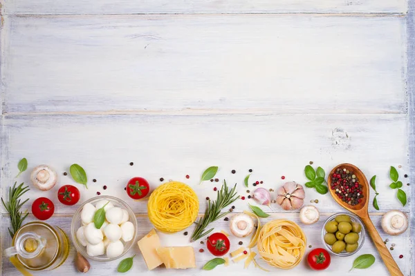 Italian Food Ingredients Fresh Vegetables Pasta Cheese Mozzarella Parmesan Spices — Stock Photo, Image