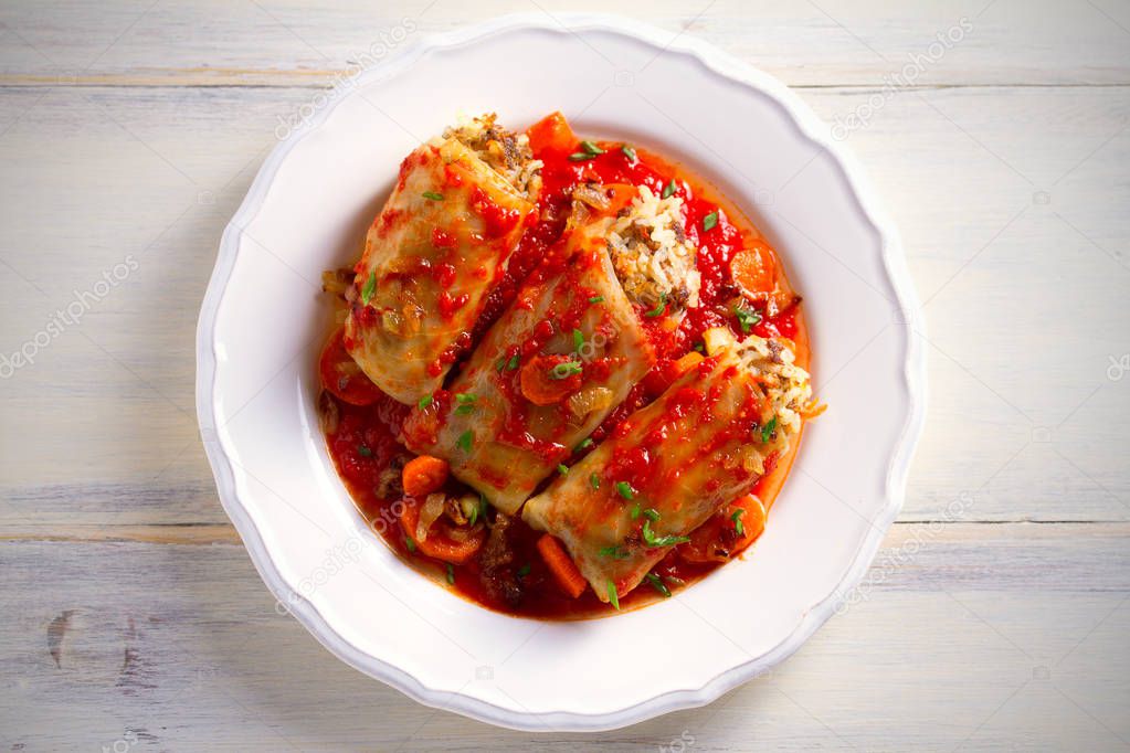 Cabbage rolls with meat, rice and vegetables. Chou farci, dolma, sarma, sarmale, golubtsy or golabki - popular dish in many countries. Overhead, horizontal
