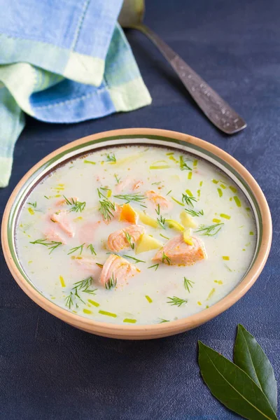 Salmon soup. Creamy hearty salmon fish soup. Clean eating, healthy and diet food concept