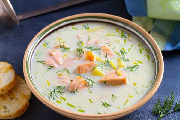 Salmon soup. Creamy hearty salmon fish soup. Clean eating, healthy and diet food concept
