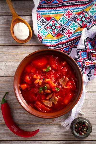 Borscht Sopa Feita Com Legumes Carne Feijão Raiz Beterraba Tigela — Fotografia de Stock