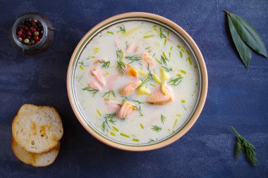 Somon çorbası. Kremsi somon balık çorbası kase. Tepegöz, yatay