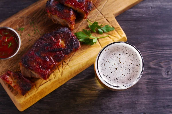 Beer Pork Spare Ribs Beer Meat Glass Ale View Top — Stock Photo, Image