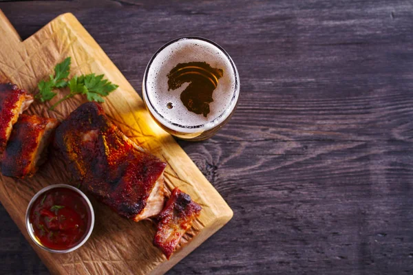 Beer Pork Spare Ribs Beer Meat Glass Ale View Top — Stock Photo, Image