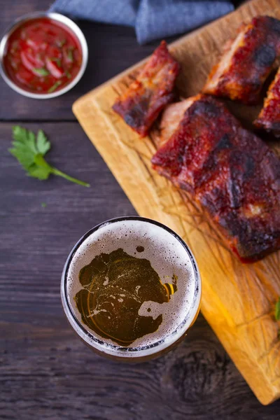 Beer Pork Spare Ribs Beer Meat Glass Ale View Top — Stock Photo, Image