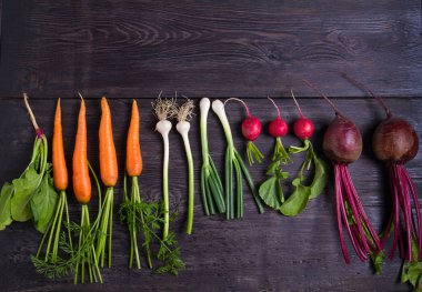 Havuç, pancar, turp, soğan, sarımsak, ıspanak - siyah ahşap arka plan üzerinde kök sebze. Yaz çiftliği sebzeleri. Gıda arka plan, düzen, metin için oda