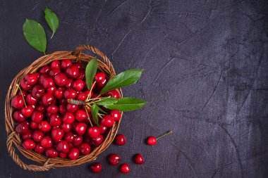 Siyah arka planda sepette taze kiraz. Taze olgun tatlı kiraz