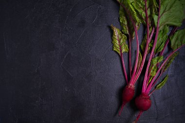 Havuç ve pancar koyu arka planda. Yaz sebze arka plan. Düzen, düz döşeme, kopyalama alanı