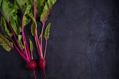 Havuç ve pancar koyu arka planda. Yaz sebze arka plan. Düzen, düz döşeme, kopyalama alanı