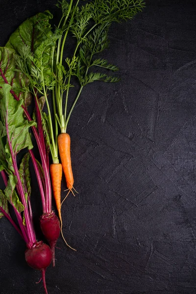 胡萝卜和甜菜根在黑暗的背景 夏季蔬菜背景 平面布局 复制空间 — 图库照片