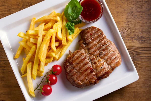 Grilled Steak Fries Sauce Vegetables Plate View Top Studio Shot — Stock Photo, Image