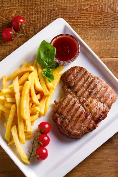 Grilled Steak Fries Sauce Vegetables Plate View Top Studio Shot — Stock Photo, Image