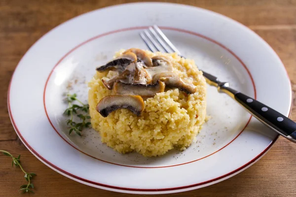 Healthy Vegetarian Dish Couscous Creamy Mushroom Sauce Couscous Topping — Stock Photo, Image