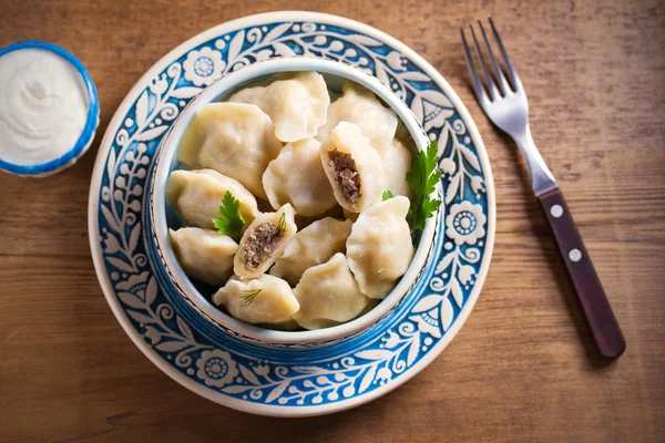 Pierogi Pyrohy Varenyky Vareniki Dumplings Bowl Served Sour Cream Yogurt — Stock Photo, Image