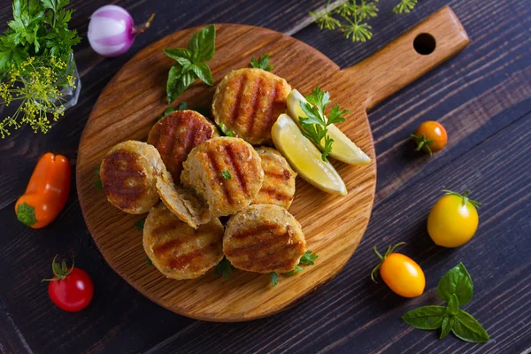 Fish Cakes Fish Patties Fried Cutlets Minced Fish Serving Board — Stock Photo, Image