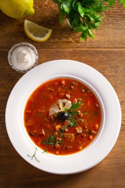 Geleneksel Rus yemeği solyanka - kalın, baharatlı ve ekşi saltwort çorbası. Yukarıda görmek, en iyi stüdyo vurdu