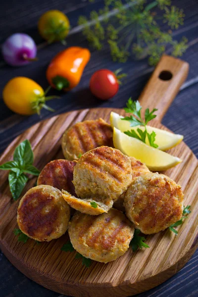 Fish Cakes Lemon Herbs Fish Patties Wooden Board — Stock Photo, Image