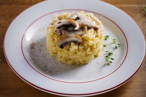 Couscous Mushrooms Cream Sauce Horizontal Image — Stock Photo, Image