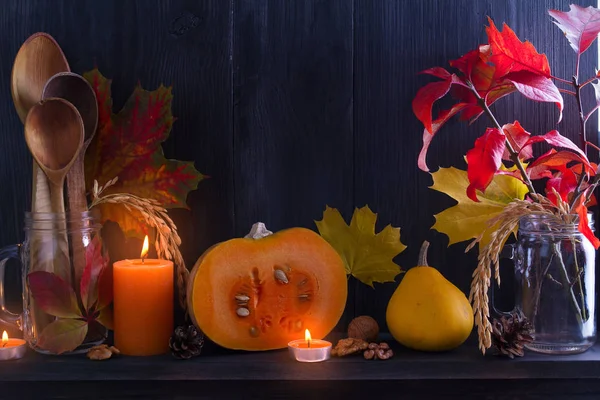 Autumn Leaves Pumpkins Wooden Spoons Black Background Thanksgiving Autumn Concept — Stock Photo, Image