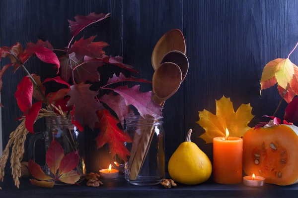 Autumn Leaves Pumpkins Wooden Spoons Black Background Thanksgiving Autumn Concept — Stock Photo, Image
