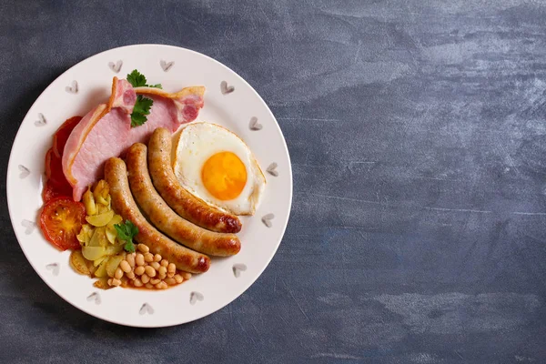 Pequeno Almoço Inglês Irlandês Completo Com Salsichas Bacon Ovo Tomate — Fotografia de Stock