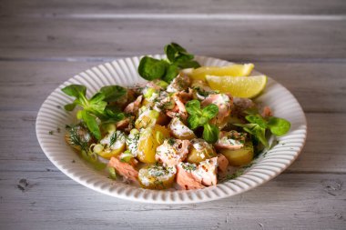 Patates ve yoğurt soslu haşlanmış somon salatası. Yatay resim