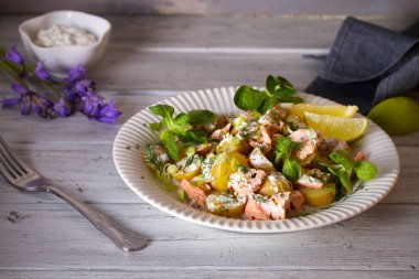 Patates ve yoğurt soslu haşlanmış somon salatası. Yatay resim