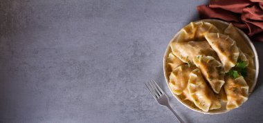 Lahanayla dolu börekler. Varenyky, vareniki, pierogi, pirohy - dolgulu börek. Yukarıdan görüntüle, boşluğu kopyala