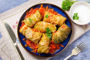 Lahana dolması. Lahana ambalajı. Chou farci, dolma, sarma, golubtsy veya golabki. Yukarıdan bak, en iyi stüdyo çekimi.