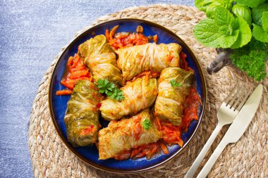 Lahana dolması. Lahana ambalajı. Chou farci, dolma, sarma, golubtsy veya golabki. Yukarıdan bak, en iyi stüdyo çekimi.