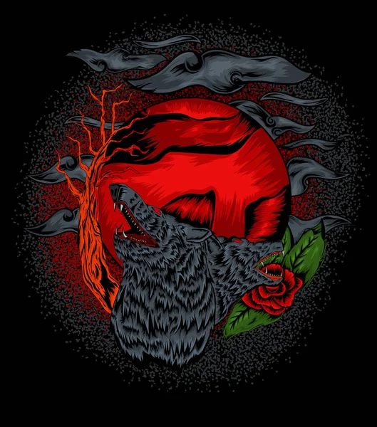 赤い丸の中を運ぶ二人の狼 — ストックベクタ