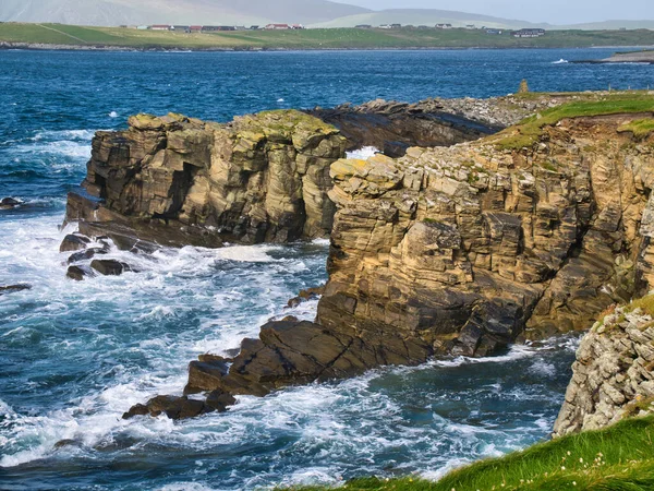Azione Ondulatoria Scogliere Arenaria Inclinate Sulla Costa Meridionale Delle Shetland — Foto Stock