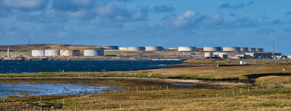 Sullom Voe Oil Terminal and Gas Plant in Shetland, UK - the plant handles production from UK oil fields in the North Sea and East Shetland Basin.