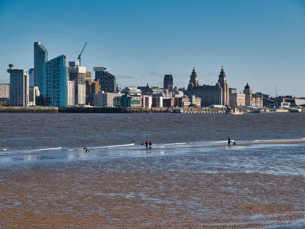 Sea Fishing Low Tide River Mersey Panorama Historic Unesco Listed — Stock Photo, Image